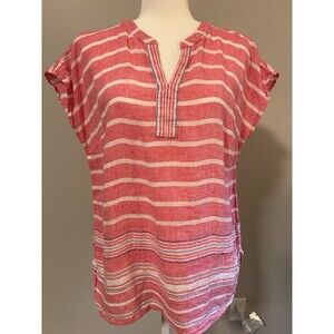 TALBOTS 100% Linen Pink White Stripe Cap Sleeve Tunic Top M